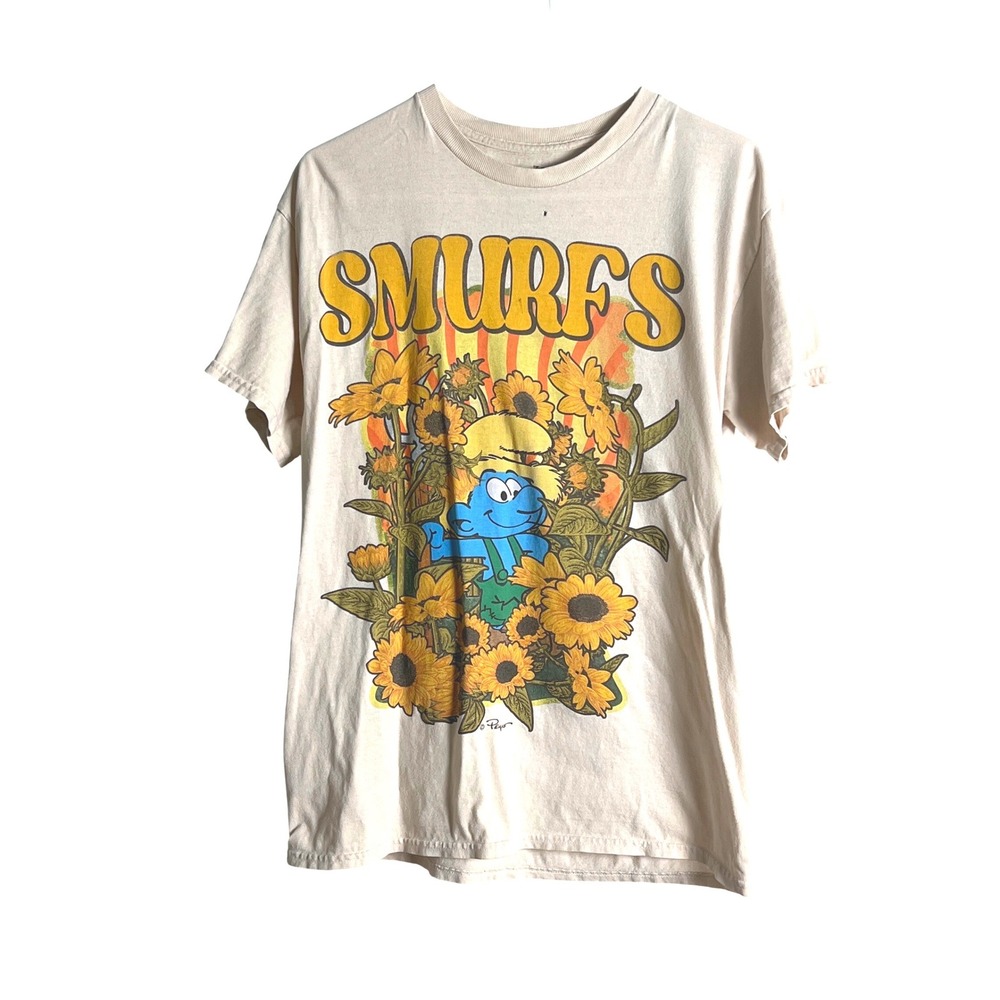 The Smurfs Graphic T-Shirt Mens Medium Sunflowers Keep It Fresh Beige Cartoon